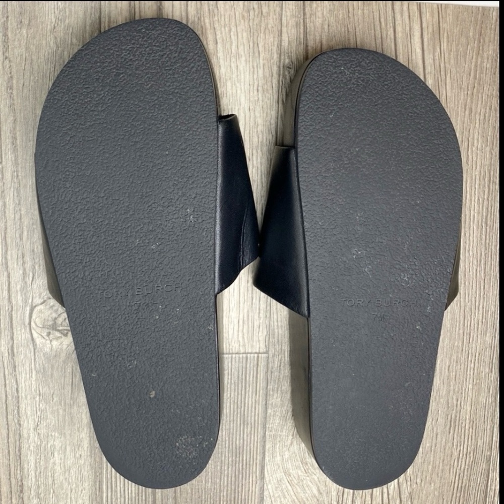 Tory Burch Black Leather Slide Sandals with Gold Medallions - Picture 12 of 12